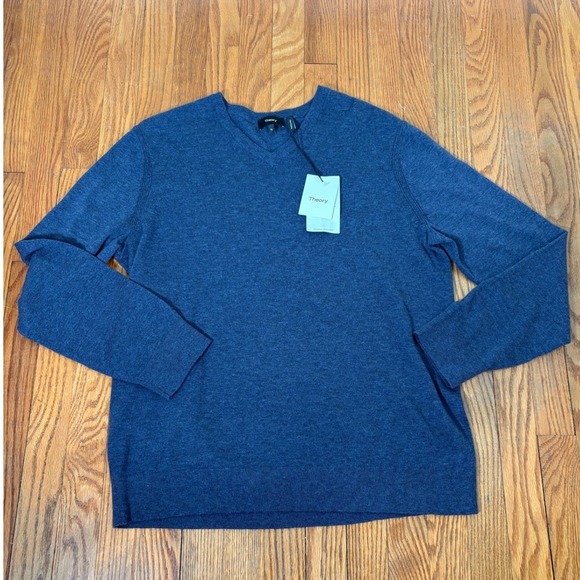 Theory Riland VP Indigo Blue Merino Wool Blend V-Neck Sweater Mens XL NWT